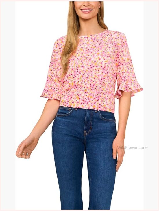 Tops - Women's Floral Ruffle Cuff Crew Neck 3/4 Sleeve Top Blouse